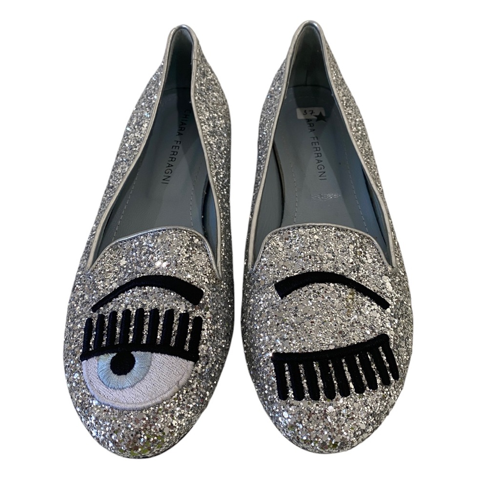 Chiara Ferragni Silver Glitter winking cute chic emoji Loafers flats sz 37 / 6.5
